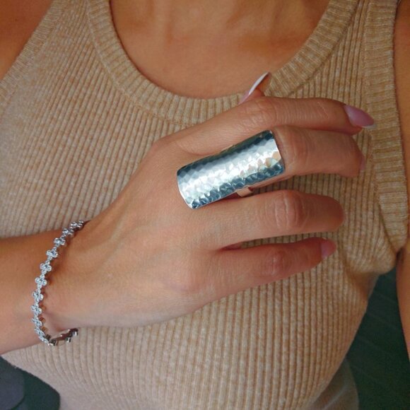 Sterling Silver Ring Hammered Shield Ring, Shield Silver Ring, Women Statement - Picture 10 of 10